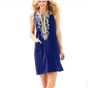 Lilly Pulitzer Carlotta Stretch Shift Dress Gold and Navy Size 14